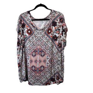 24/7 By Maurices Pink Paisley Cap Sleeve Boho Top Blouse Womens Size 2XL Cottage